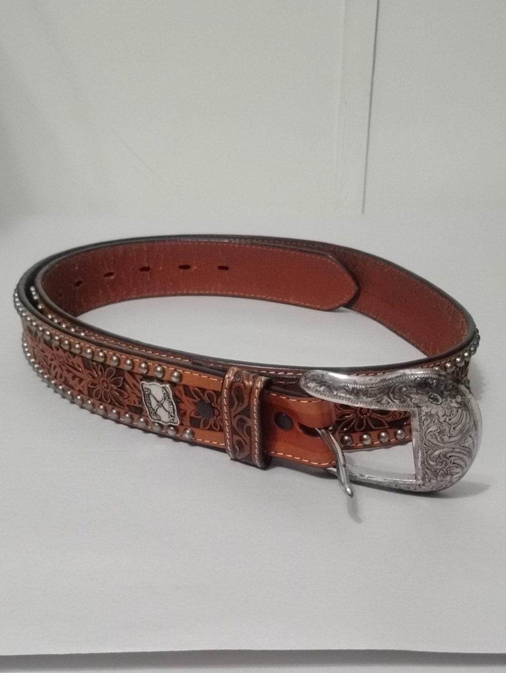 TWISTED X Men's 40 Tooled Brown Leather Western Belt with Engraved Silver Buckle